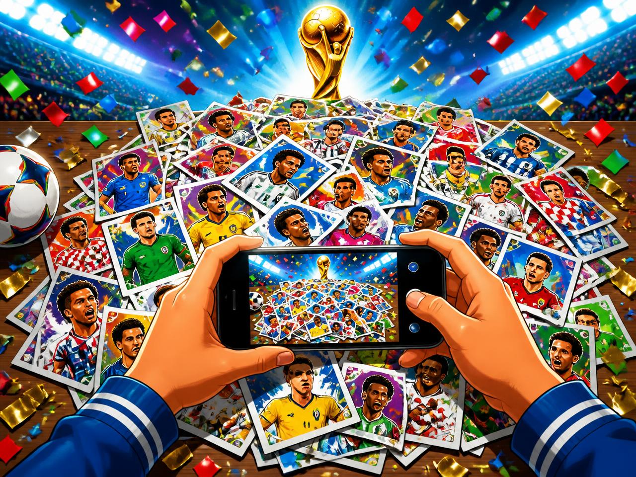 Hands photographing a big pile of World Cup soccer stickers